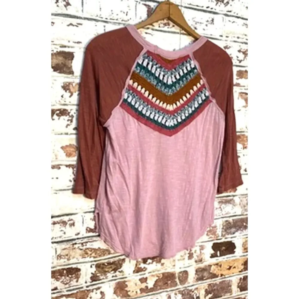 Free People Spring Bound Mauve Crochet Raglan Cotton & Linen Blouse